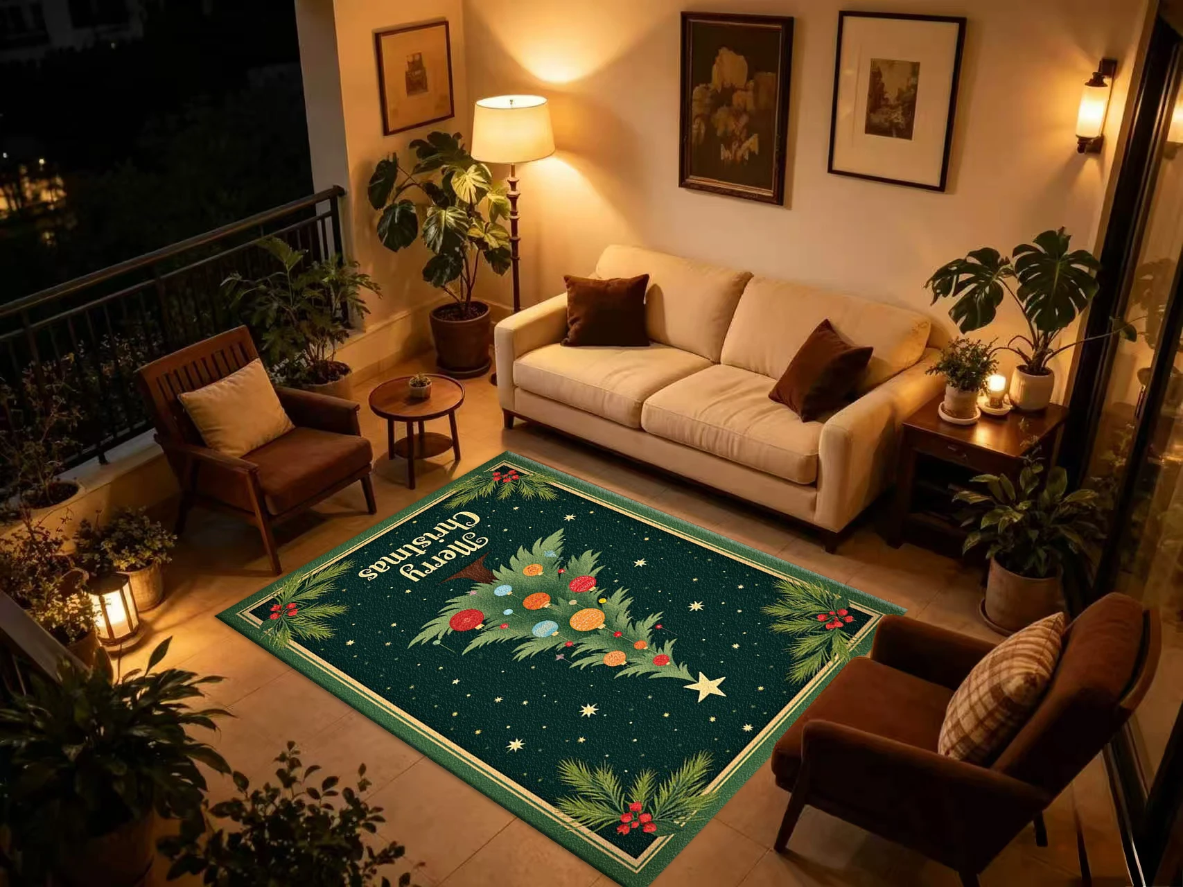 Merry Christmas Xmas Tree Holiday Carpet Flooring Vintage Art Printed Area Rug for Home Indoor Festival Decoration