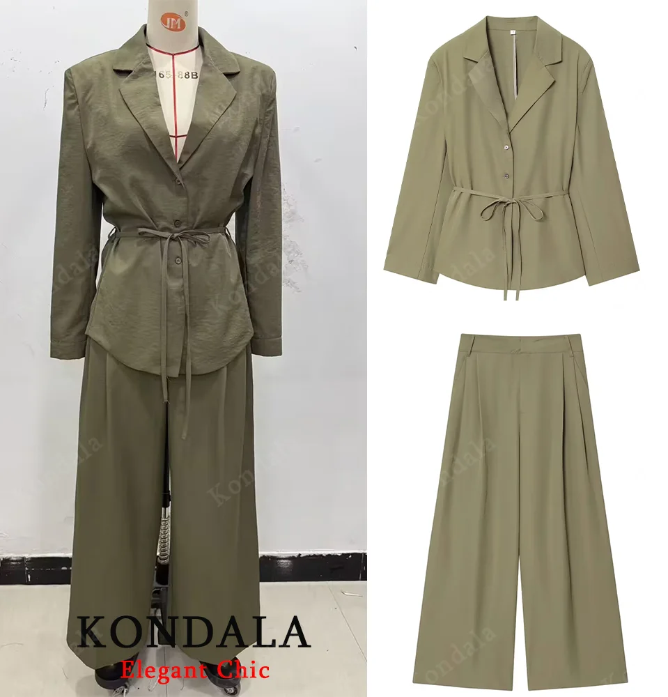 KONDALA Women Vintage Set Belt Button Blazer Pocket Long Pants New 2025 Spring Autumn Fashion Office Lady Casual Mujer Pants Set