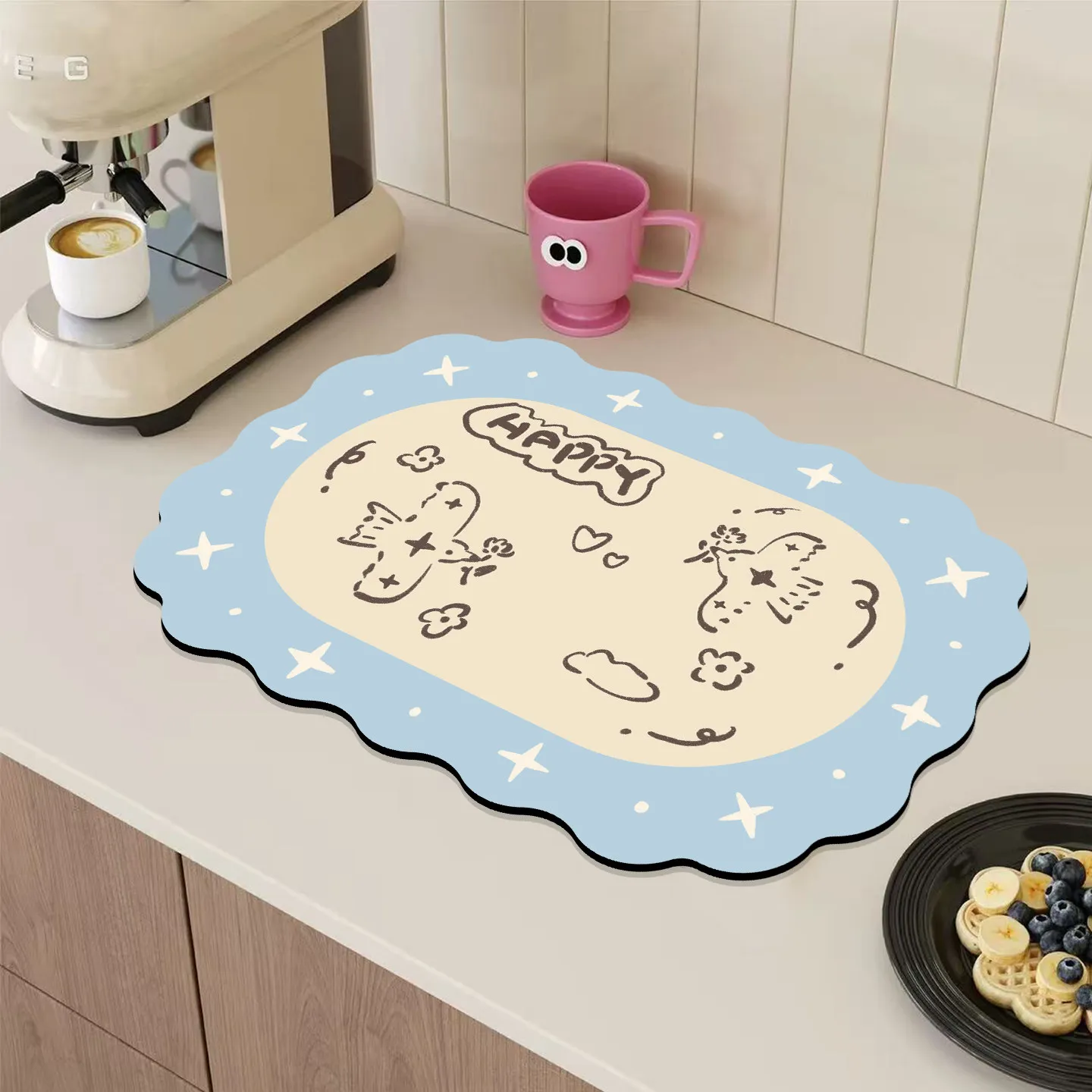 Kawaii Wavy Border Cat Dog Dish Drying Mat Super Water Absorbing Anti Slip Coffee Bar Kitchen Counter Draining Pad