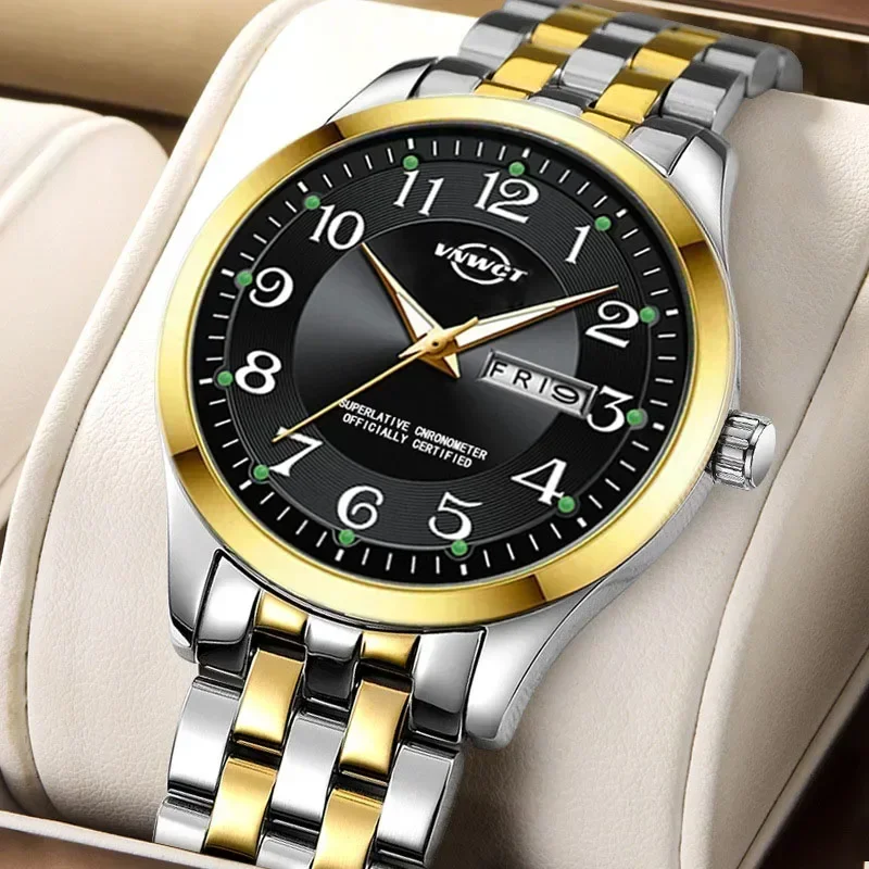 

Stainless Steel Band Fashion Luminous Quartz Watch for Man Dual Calendar Male Clock Reloj Hombre