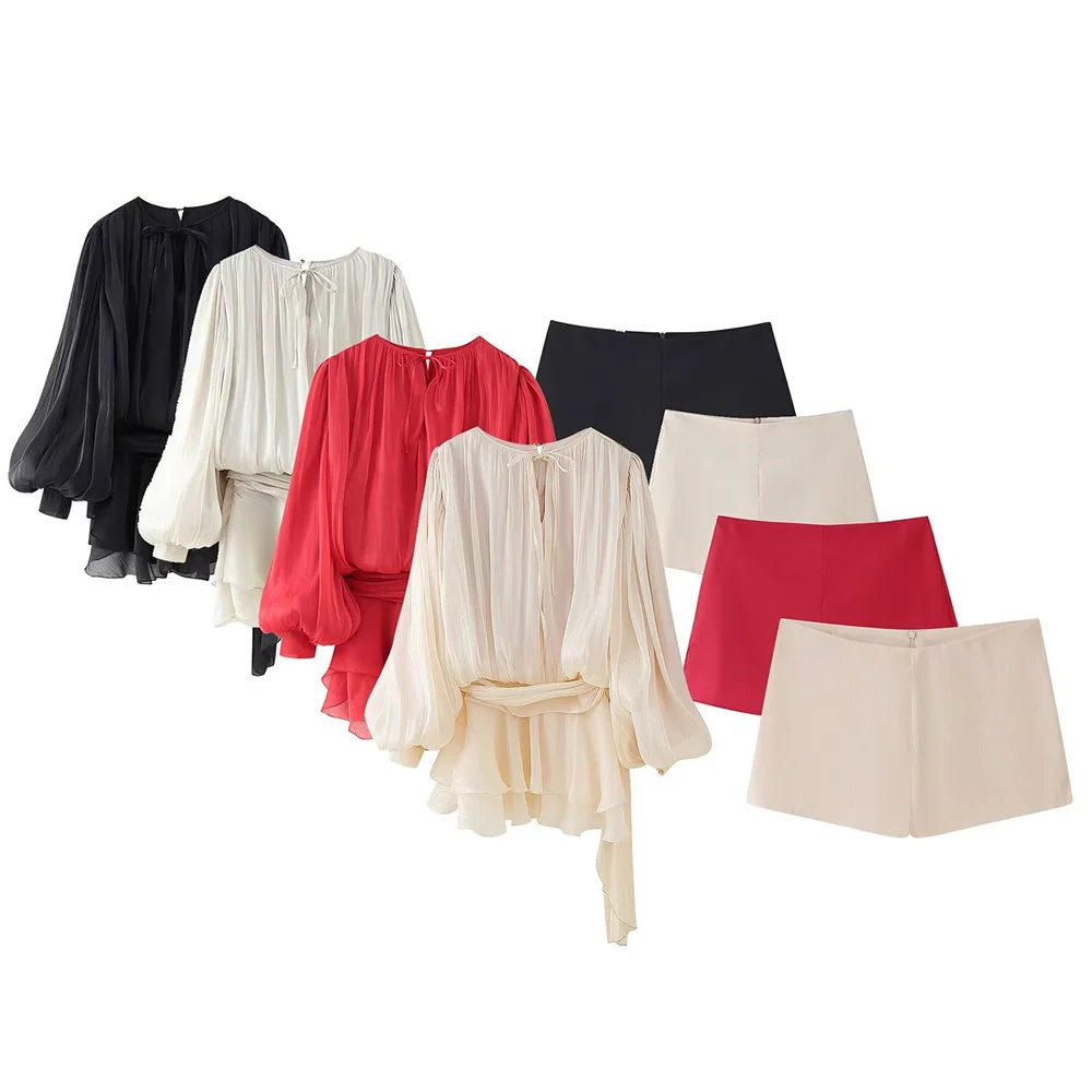 ملابس نسائية صيفية جديدة، شورت قصير بأكمام طويلة وأكمام طويلة وطيات لامعة