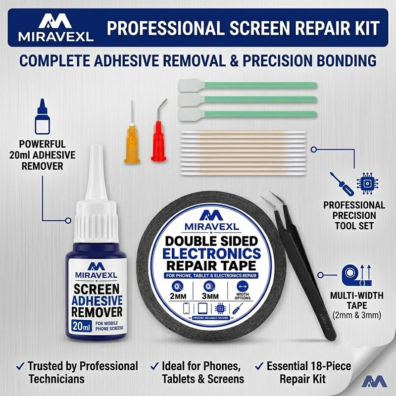 Kit de Reparación de Pantalla MIRAVEXL, Cinta Adhesiva de Doble Cara con Removedor de Pegamento y Pinzas, para Reparación DIY de Tablets, Laptops, Cámaras 2