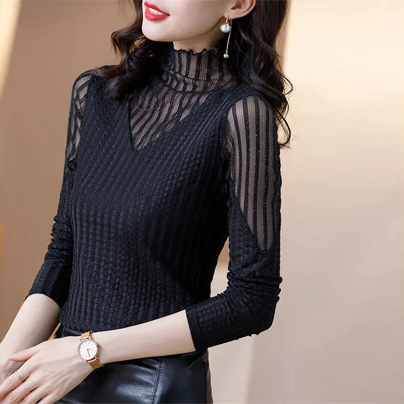 Fashion Striped Gauze Spliced Pullovers Spring Autumn Sexy Sheer Slim Bright Silk Women's Clothing Casual Turtleneck T-shirt New