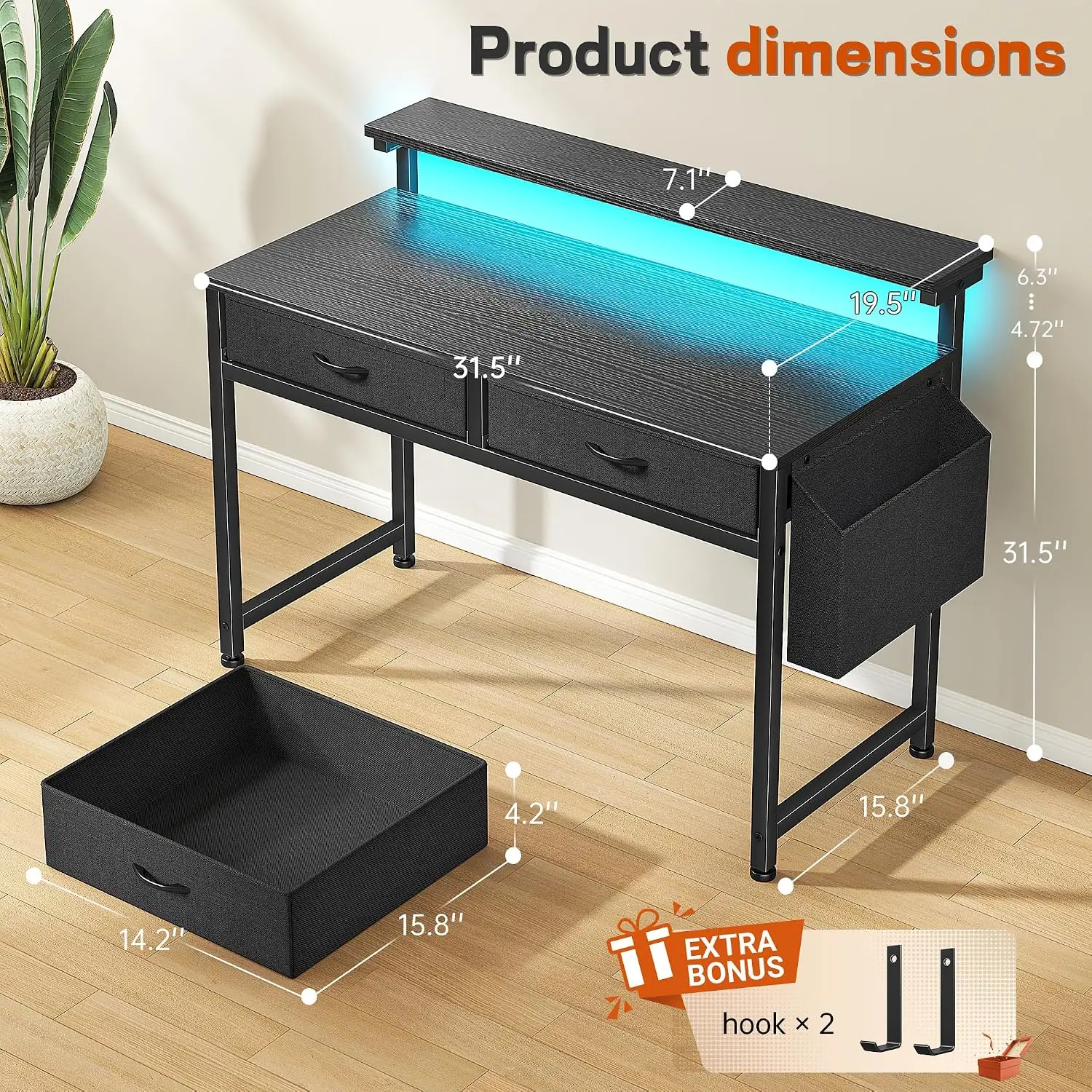 31Inch Computer Desk with LED Lights & 2 Drawers, Gaming Desk with Side Pocket & Monitor Stand, Study Table , Customized