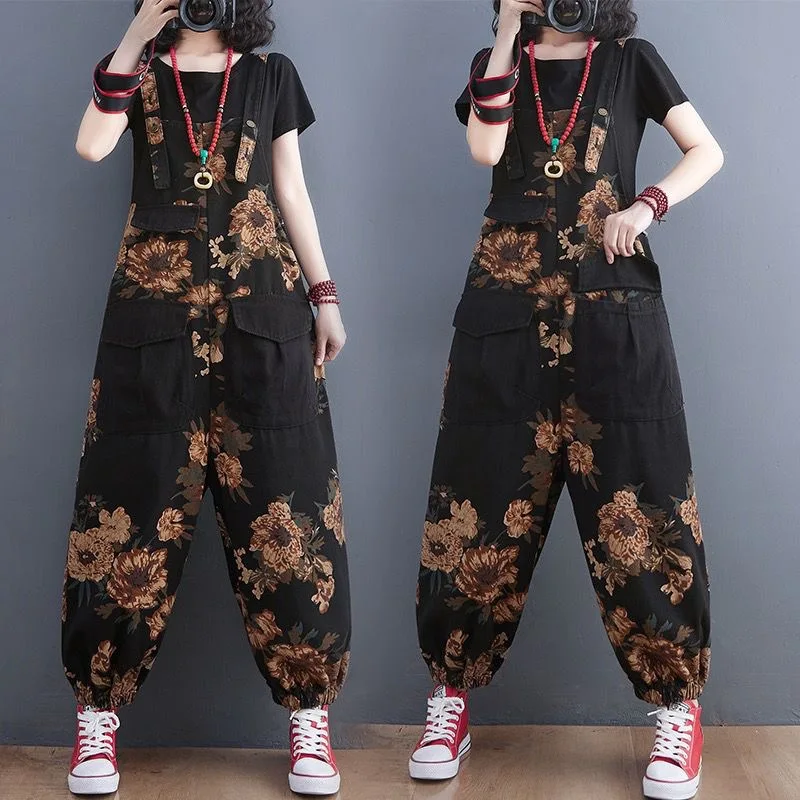 

Floral Print Overalls Haren Pants 2025 Spring Summer Elastic Waistline Women Pants Loose Casual Pants