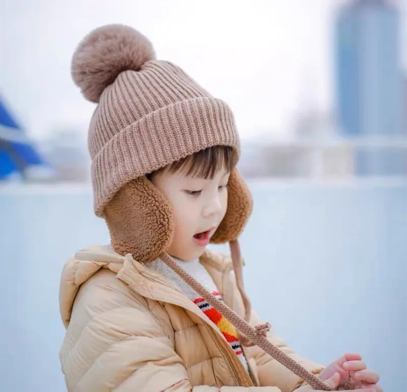 Bebê meninos meninas chapéu da criança earflap gorro quente inverno malha gorro velo forrado esqui neve boné 2 3 4 5 6 anos de idade tempo frio