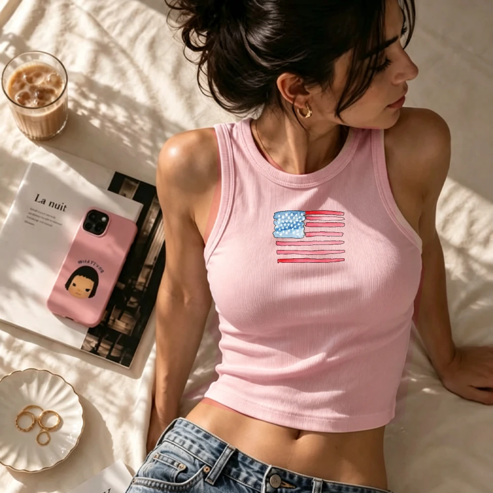 Aquarell-Druck mit amerikanischer Flagge im Vintage-Stil, Y2K-Camisole, geripptes Tanktop, schmal geschnittenes Crop-Top, ärmellos, Rundhalsausschnitt, kurze Cami-Weste