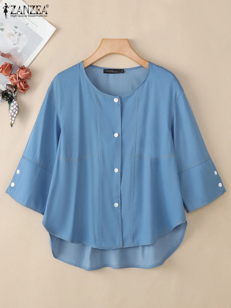 Plus Size Shirts ZANZEA Damen Strickjacken 2025, modisch, 3/4-Ärmel, modisch, solide Blusen, Herbst, Knöpfe, lässig, locker, elegant, Top