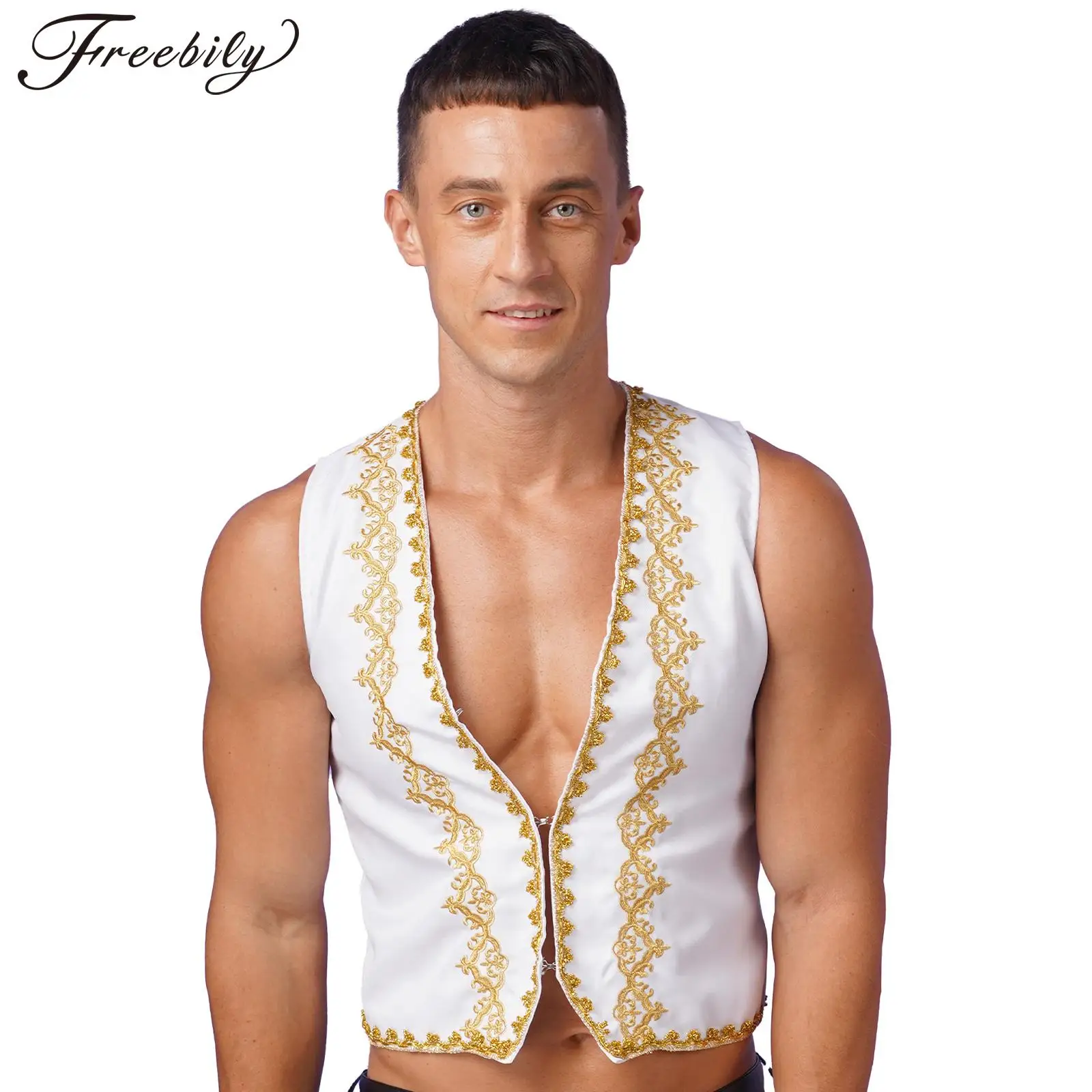 Mens Halloween Medieval Victorian Cosplay Costume Gothic Steampunk Vest Gold Trims Embroidery Arabian Waistcoat for Theme Party