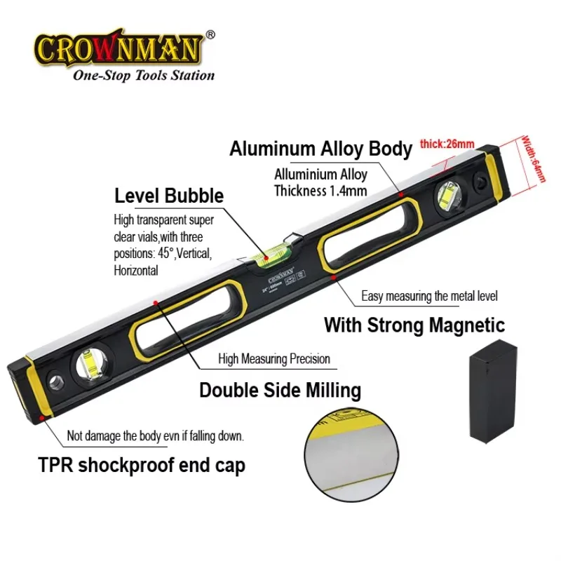 CROWNMAN 400/600/800/1000mm Waterpas Torpedo Presisi Tinggi Aluminium Magnetik Dengan 3 Vial Spirit Level