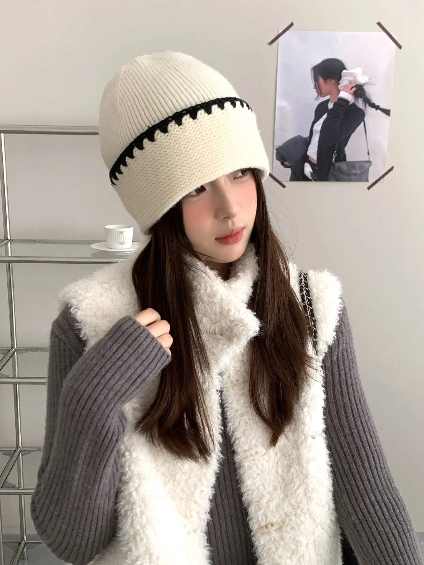 الكورية نمط تنوعا اللون حجب مخطط محبوك قبعة للنساء سميكة حماية الأذن للدفء قبعة مقنعين #2