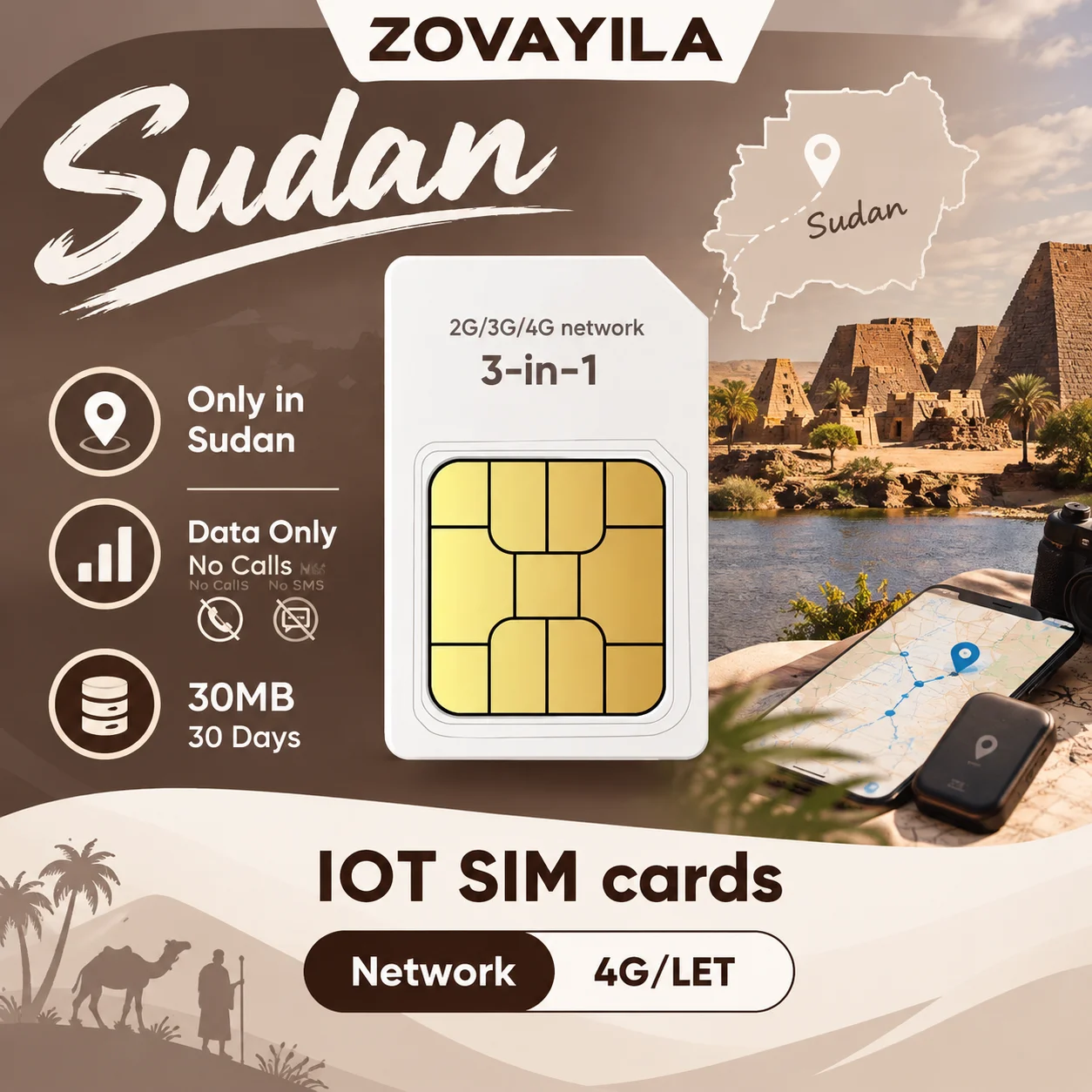 Sudan Prepaid IoT SIM Card 30MB 30-Day Data Plan for Vehicle GPS Tracker Senior/Children Safety Watch No Contract Inland