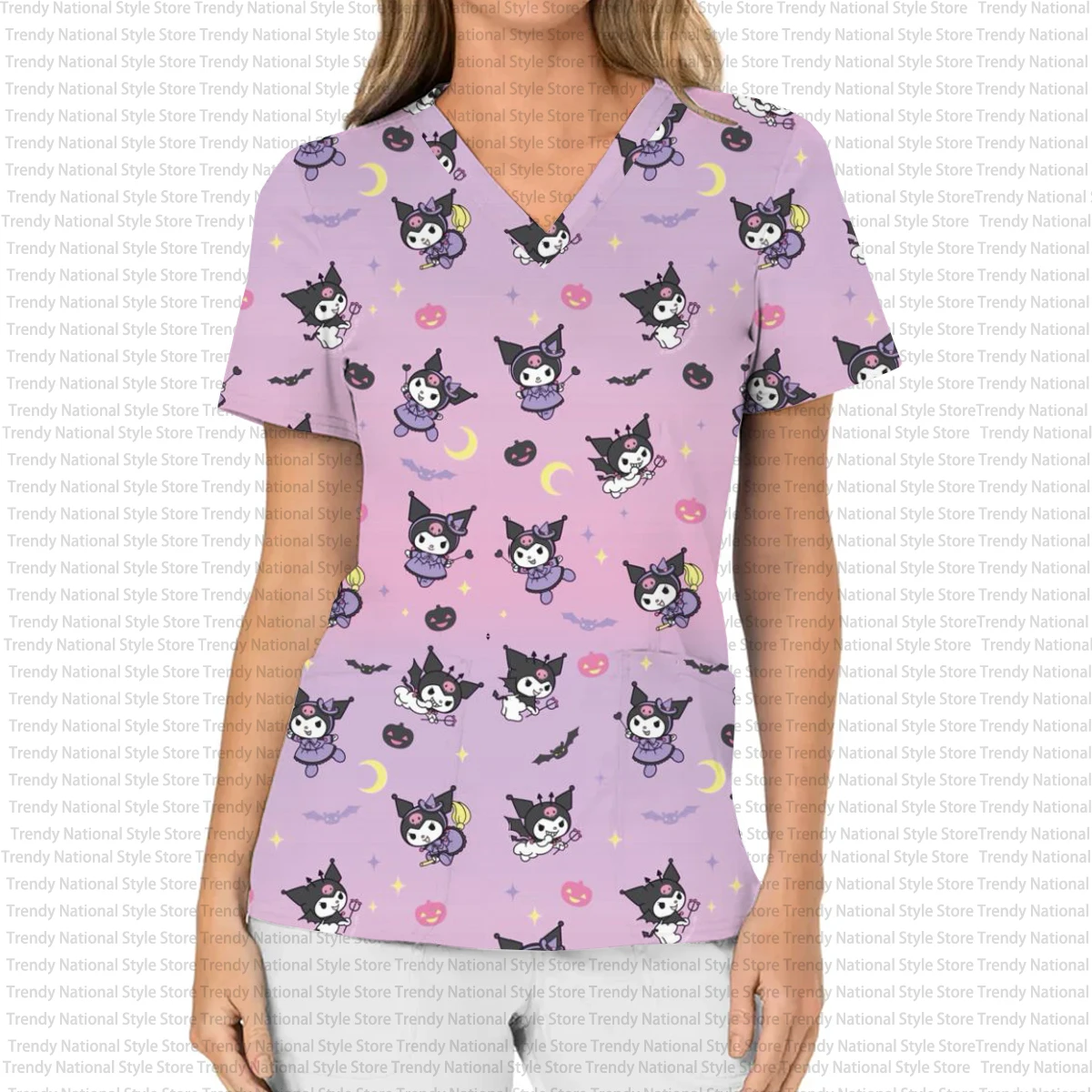 헬로키티 프린트 여성용 우아한 의료용 수술복 트렌디한 V넥 치과 간호복