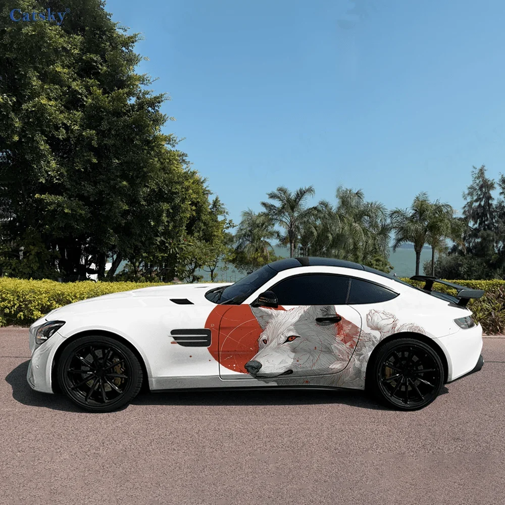 Red Sun Arrow White Wolf Car Side Sticker Decoration,PVC Waterproof Scratch Resistant Decal,Car Protection,Auto Accessories Gift