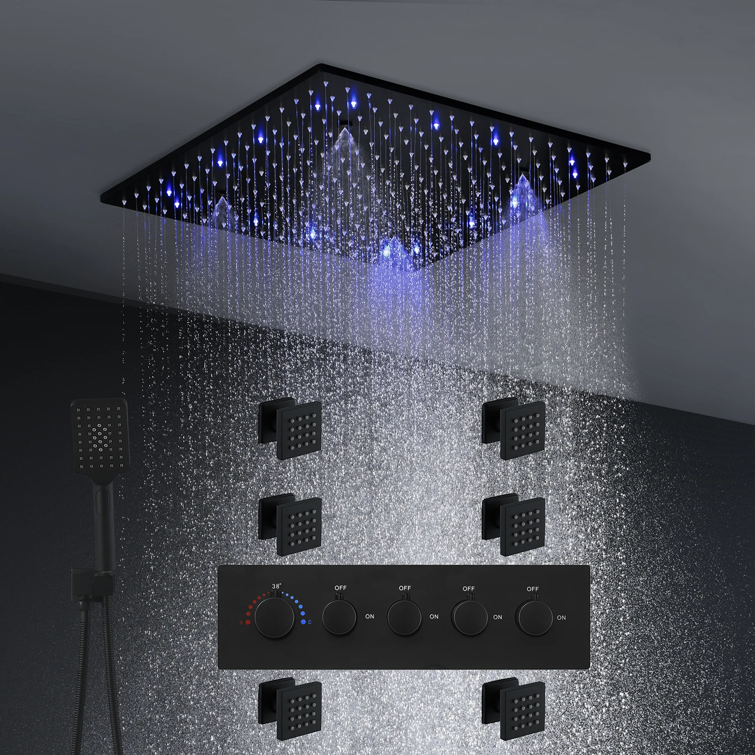 

Bathroom Accessories Black Massage Square LED Shower Panel Rain Mist Shower Head Faucet Set Thermostatic Mixer Valve with Jets