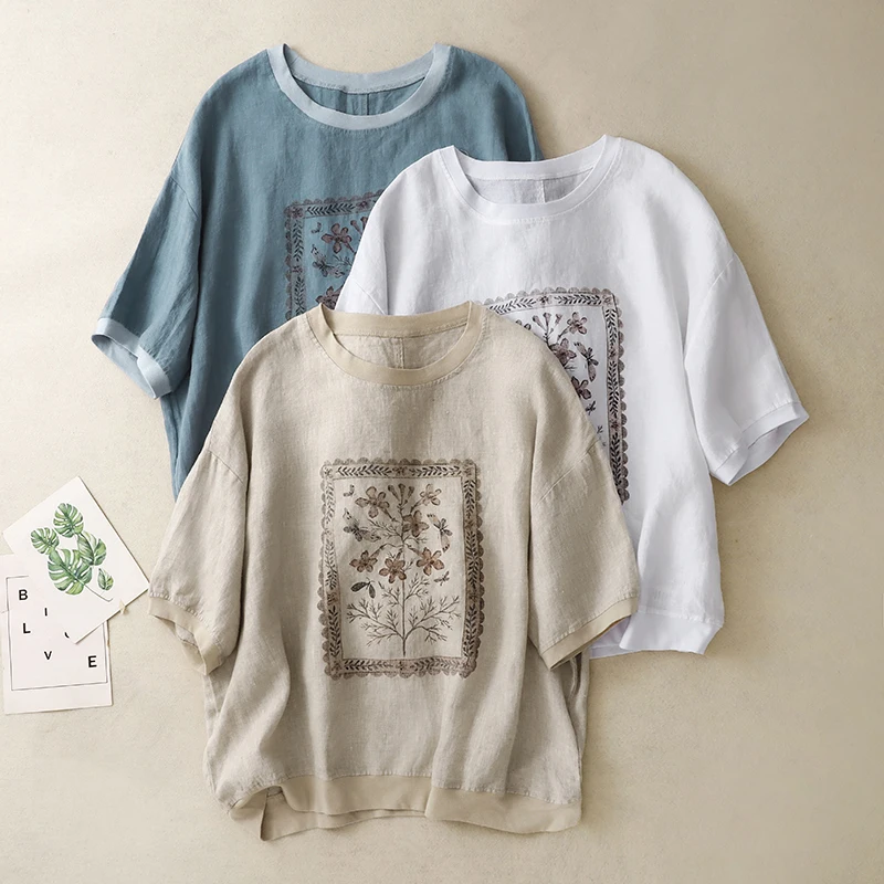 

Cotton Linen Short-sleeved Women's Print Casual Loose Thin T-shirt Tops Tees 2025 Summer New
