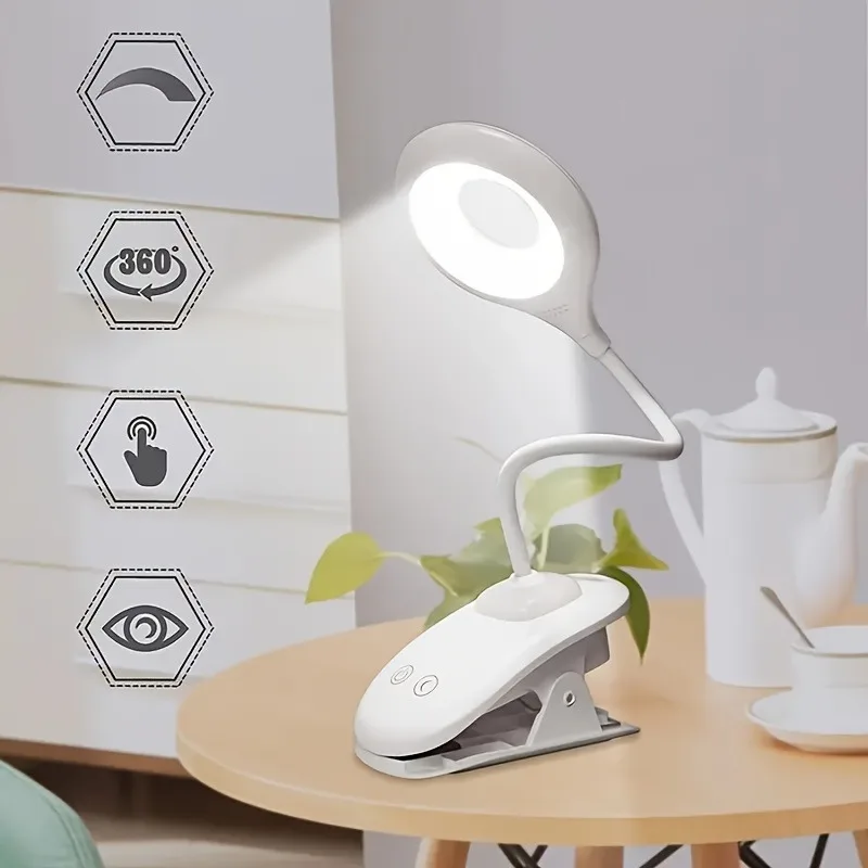 

USB Rechargeable LED Clamp Light - 22 LED Touch Control Desk Lamp, 5-Level Dimmable Reading Light for Study Adjustable Gooseneck