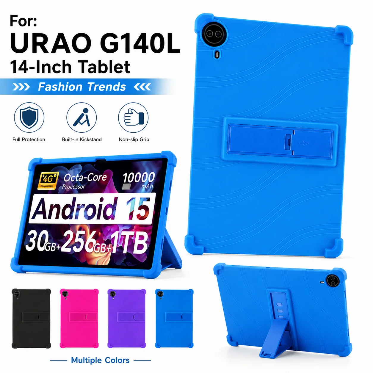 For URAO G140L 14 Inch Tablet Case Thickened Silicone Shockproof Cover with Multi Angle Stand Washable Baby Friendly 7 Colors