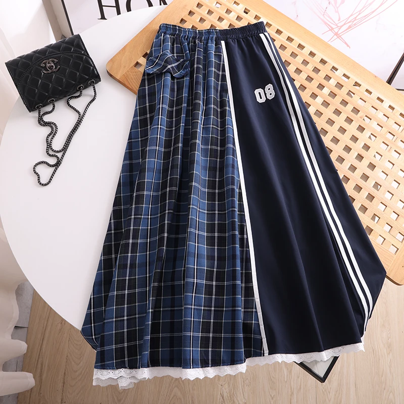 

Retro Plaid Patchwork Striped Blue Design Midi-length A-line Skirt For Women's Autumn Elegant Lace-spliced Flared Umbrella Skirt
