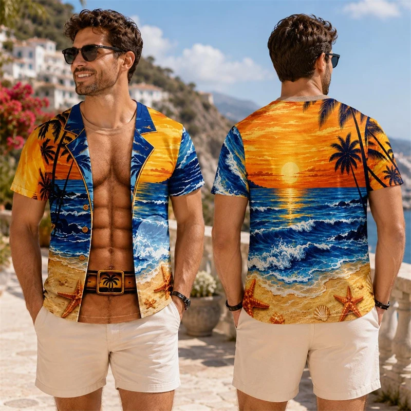 Funny Fake Abs Chest Hair T-Shirt Men Hawaiian Short Sleeve 3d Print Sunset Ocean Palm Pattern Summer Vacation Party Casual Top