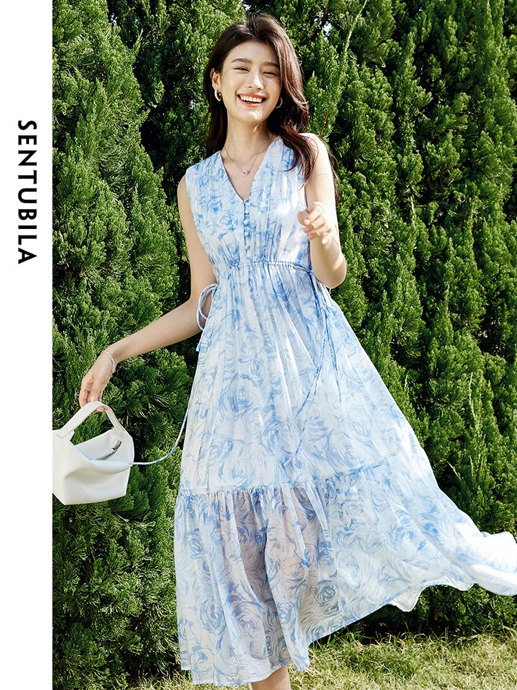 

SENTUBILA Lyocell Print A-line Holiday Dresses for Women 2024 Summer Chiffon Fold Lace Up V Neck Sleeveless Midi Dress 142L54279