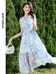 SENTUBILA Lyocell Print A-line Holiday Dresses for Women 2024 Summer Chiffon Fold Lace Up V Neck Sleeveless Midi Dress 142L54279