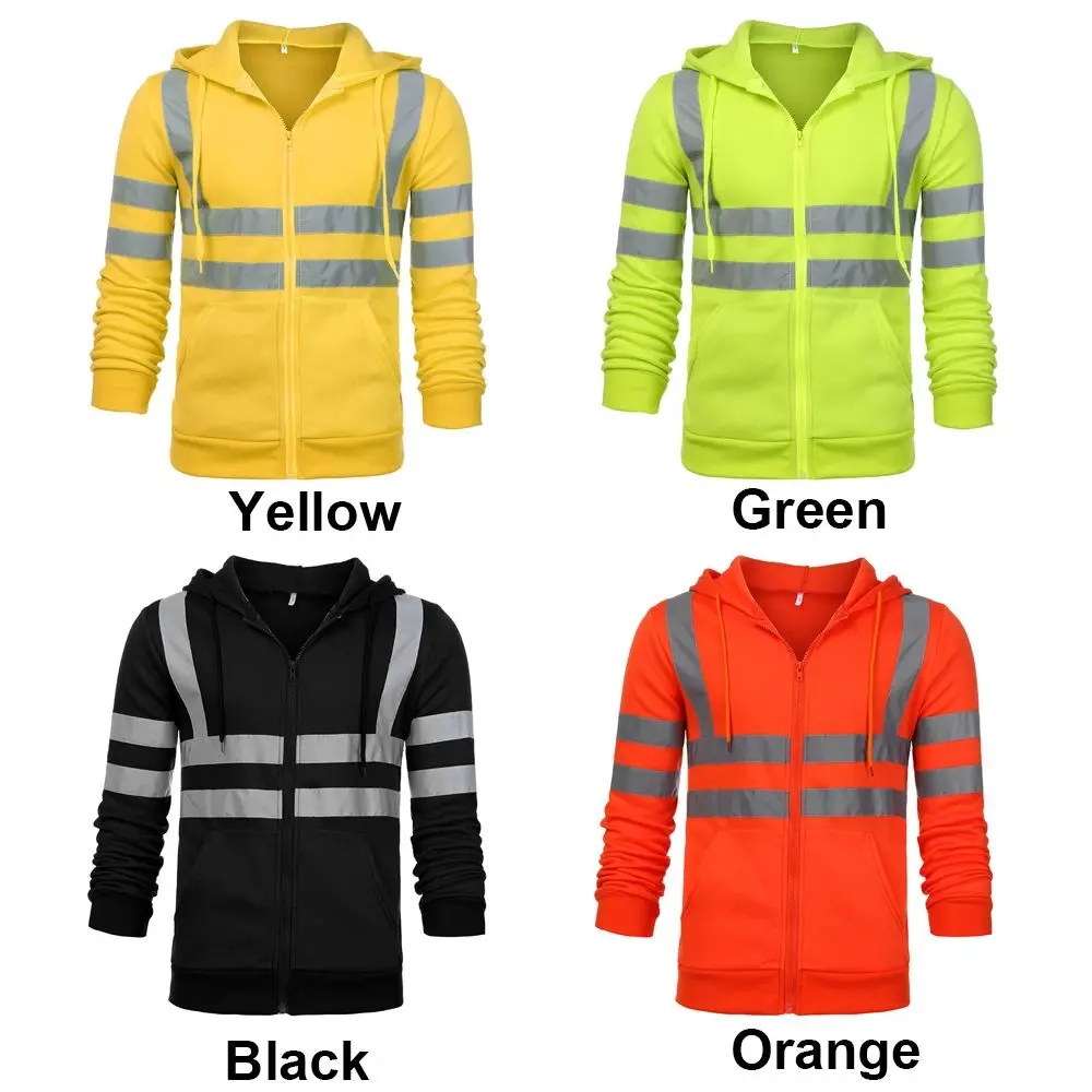 معطف ليلي للعمل بسحاب وغطاء للرأس، بلوفر عاكس للضوء، سترة Hi Viz Vis عالية الوضوح