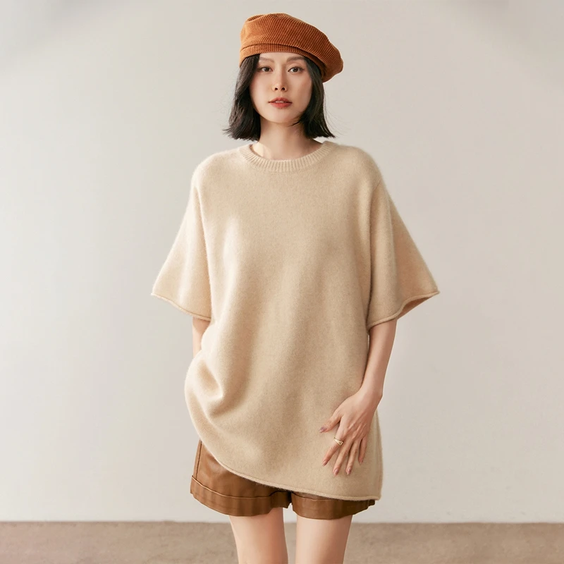 

Women 100% Cashmere T-shirt Short Sleeve Pullover Sweater Spring Autumn Winter Loose Large Size High Quality Cashmere Knitwear