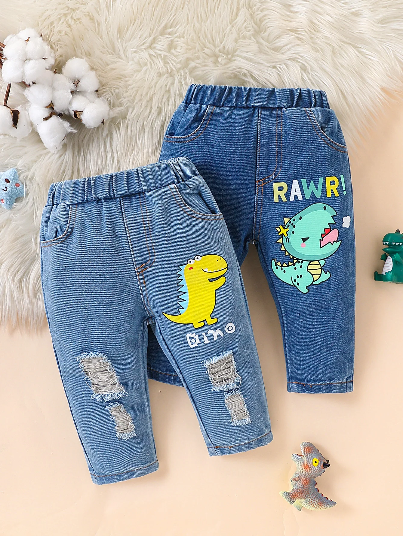 

Boys Dinosaur Print Jeans Elastic Waist Comfortable Fit Trendy Cool Style Faux Tear Design Daily Wear for Kids