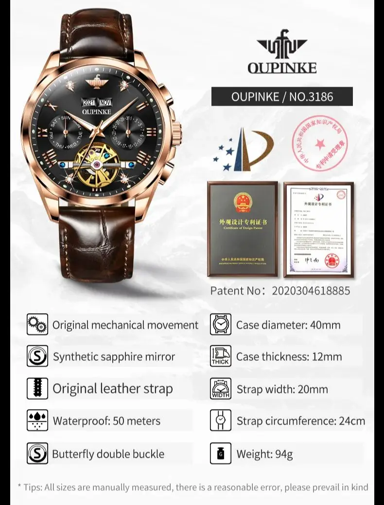 OUPINKE 3186 Roman Scale Mechanical Watch For Men Top Brand Waterproof Wristwatch Hollow Flywheel Calendar Original Man Watches