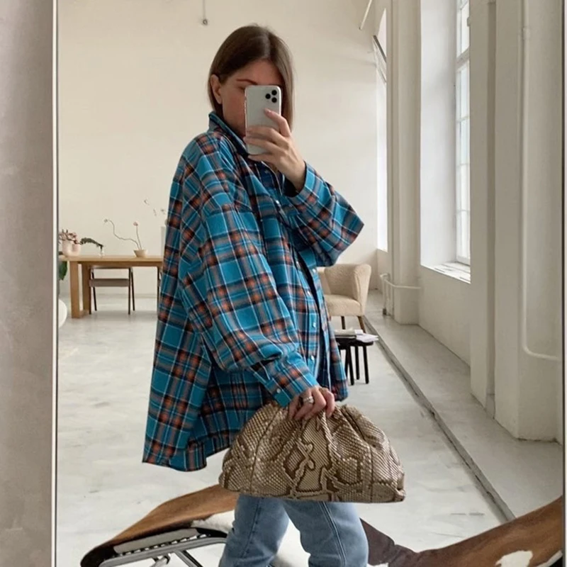 Green Vintage Plaid Shirt Women Oversize Top Long Sleeves Autumn Winter Loose Women\'s Shirt And Blouses Oversized