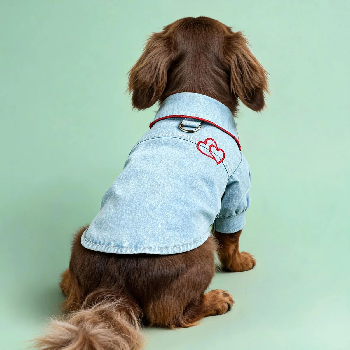 2026 light blue heart embroidered denim dog shirt, small and medium-sized cat dog collar versatile outdoor casual top