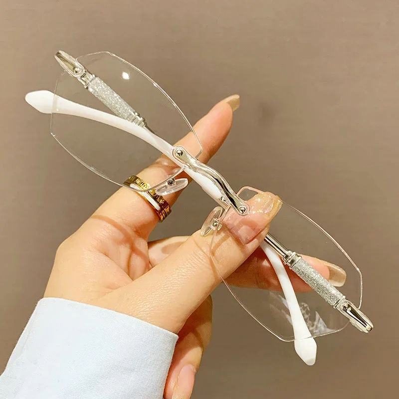 New Rimless Reading Glasses for Men Women Fashion Transparent Far Sight Eyeglasses Classic Diamond Cut Presbyopia Eyeglasses