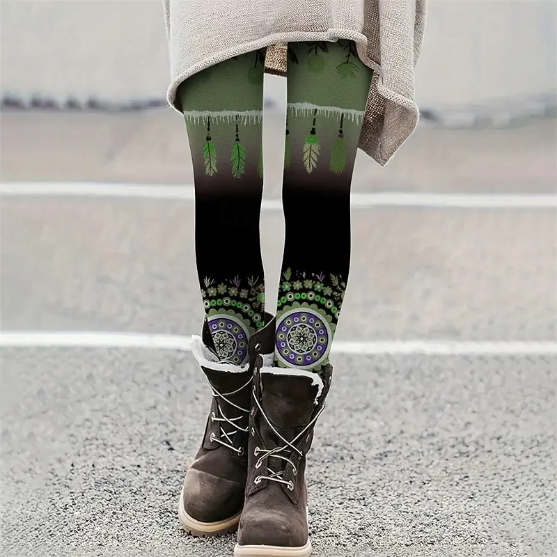 Celana wanita legging nyaman gaya bohemian etnik kasual dengan pinggang elastis motif bulu bernapas nyaman untuk gaya jalanan.