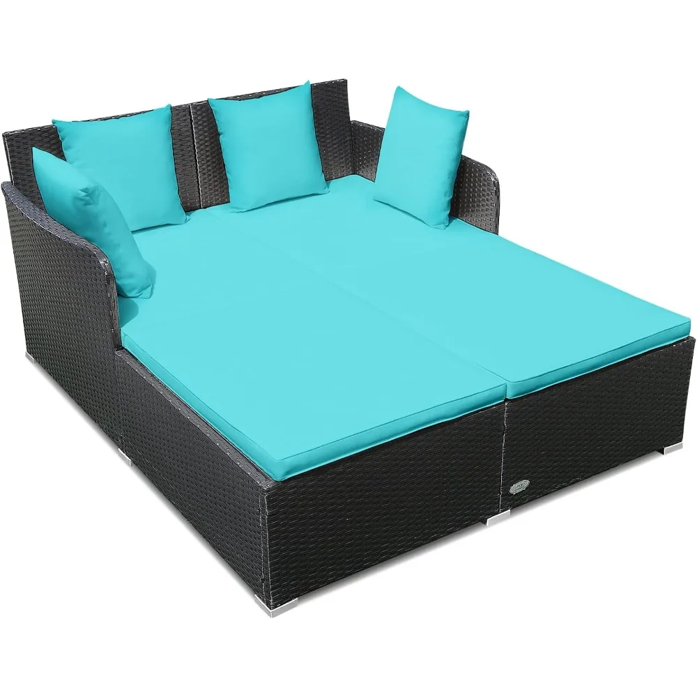 Rattan Terrace Outdoor Sofa Bed, Wicker Double Sunbed, Upholstered, 4 Pillows, Double Bed Recliner Sofa Cover