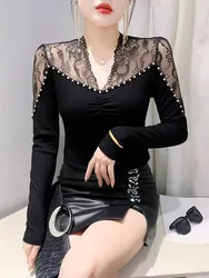 Sheer Sweet S-4XL Embroidered Flares Female Autumn Winter Woman Thicken Splicing Pullover T-shirt V-neck Cotton Lace Slim