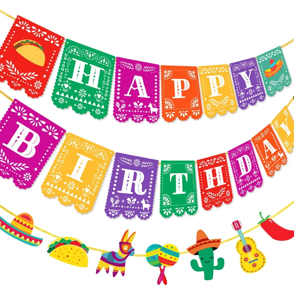 Cheereveal Mexican Fiesta Happy Birthday Banner Mexican Picado Taco Garland Cinco De Mayo Carnival Birthday Party Decorations