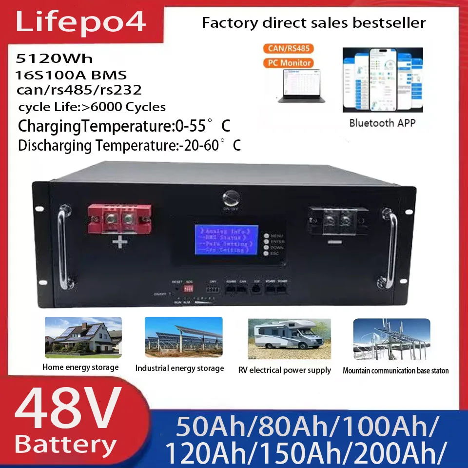 

48V 50Ah 100AH 120Ah 150Ah 200Ah Lifepo4 lithium battery lifepo bluetooth for solar system hybrid inverter 2000W 5000W 10KW