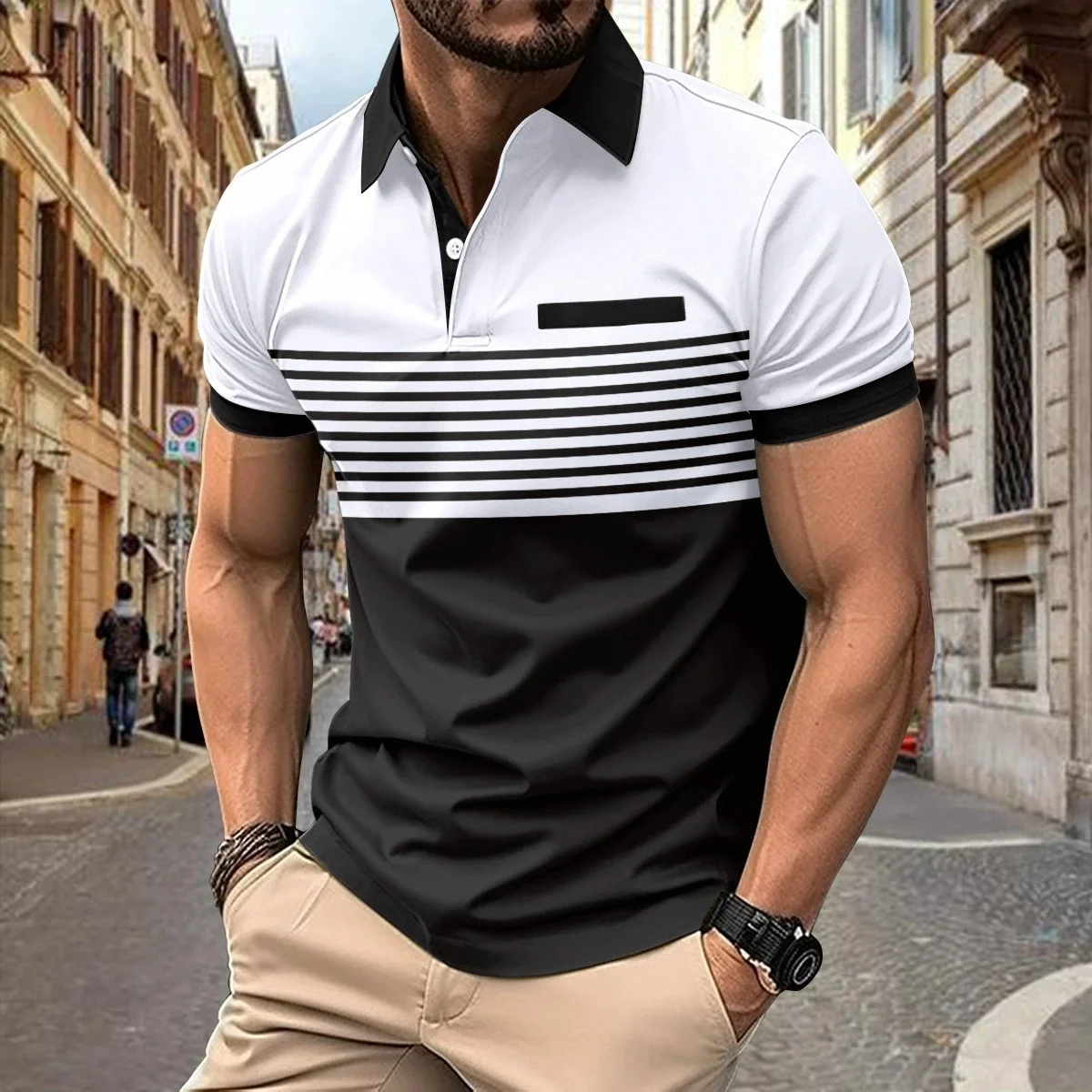 

Men's summer fashion casual polo shirt, breathable striped patchwork faux pocket design for casual camping short-sleeved shirt