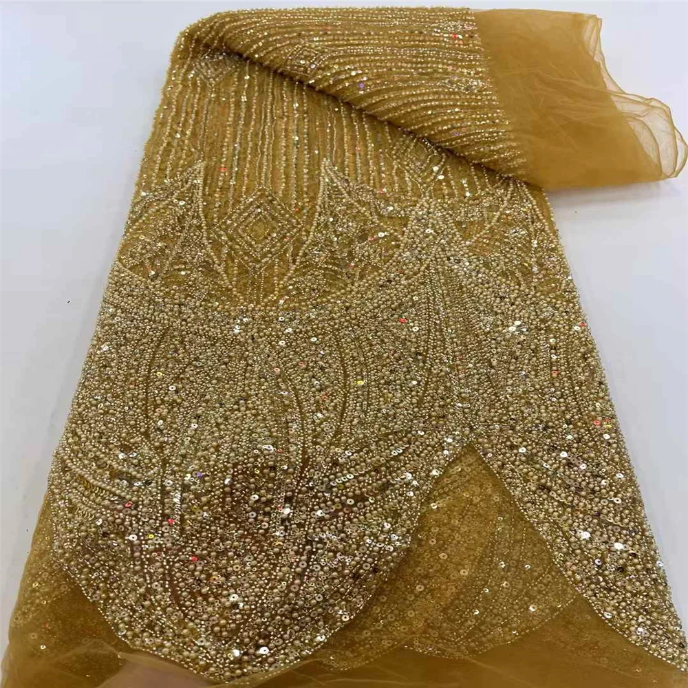 Африканская французская кружевная ткань с бисером, 2025 г., высококачественное кружево с вышивкой, нигерийское тюлевое кружево с блестками, 5 ярдов для шитья праздничного платья