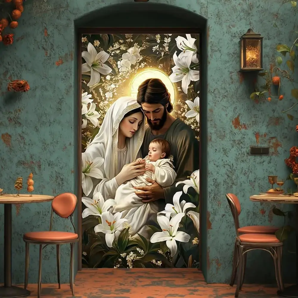 2D-Flachbanner, 1-teilige Polyester-Türfahne, entworfen mit den Themen der Jungfrau Maria, Josef und Jesus – Halbmond und Laterne