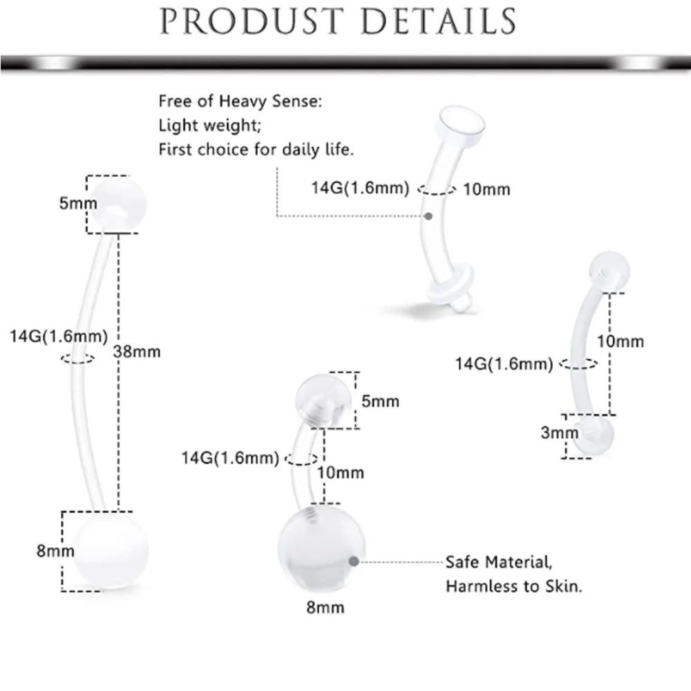 20pcs 14g Clear Belly Button Rings Pregnancy Bioflex Plastic Belly Ring Women Curved Barbell Navel Piercings Retainers