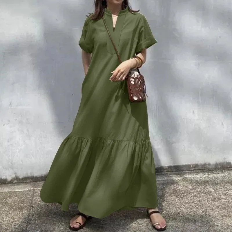 

2026 Spring and Summer Fashion Women's Clothing Stand-up Neck Short-sleeved V-neck Loose A-shaped Long Dress