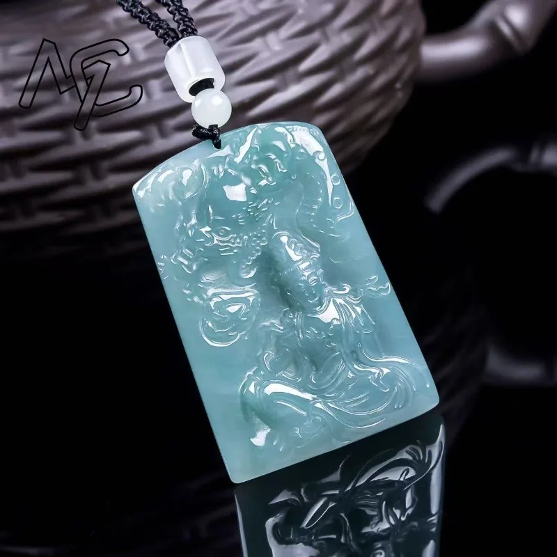 Natural Real Emerald Blue Water Soar Dragons Guanyin Pendant Myanmar Jadeite Necklace Jewelry Charm Designer Luxury Women