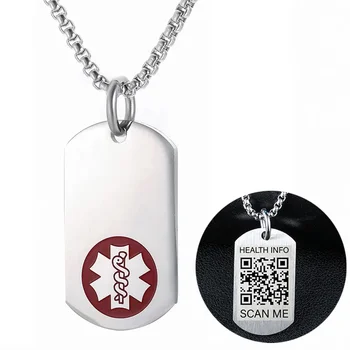 의료 경고 ID QR 코드 목걸이, 개 태그 펜던트, 맞춤형 DIY ICE 남성 쥬얼리