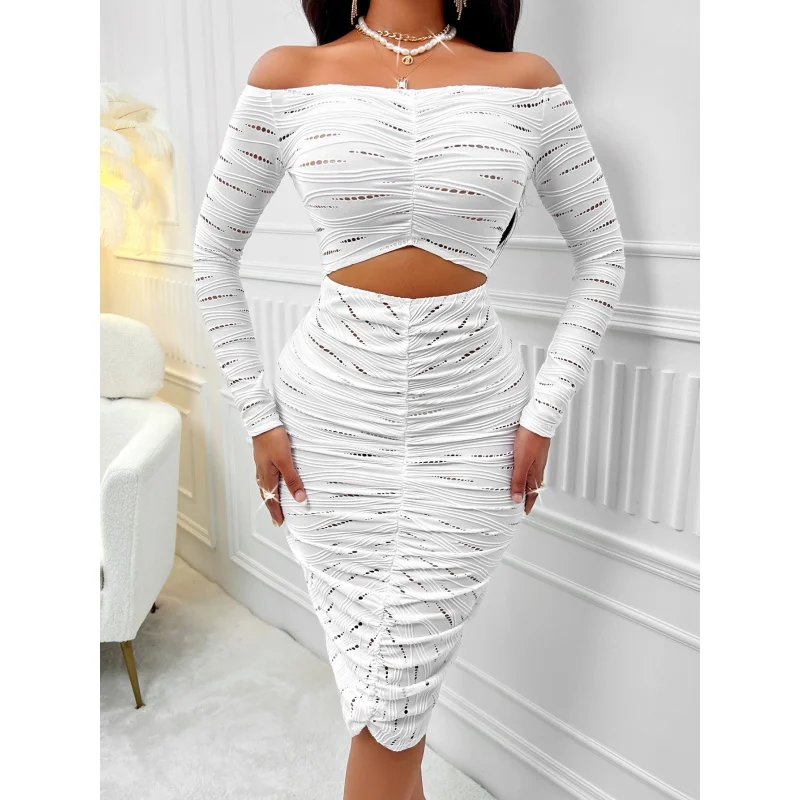 Shan-Hot Sale Herfst/Winter Hot-Selling Damesmode Sexy Effen Kleur Off Shoulder Holle Jurk Met Lange Mouwen