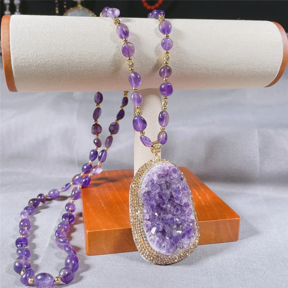 

New Natural Amethyst Raw Stone Irregular Pendant For Women'S Necklaces, Trendy Luxury Ladies' Clothing,Sweater Chain Accessories