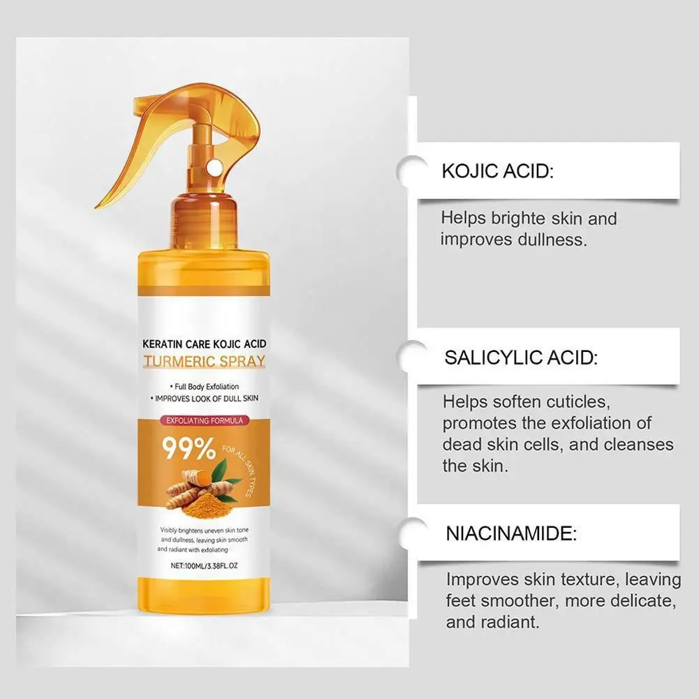 Spray esfoliante alla curcuma all'acido cogico da 100 ml, spray corpo schiarente e esfoliante per la pelle, esfolia e idrata delicatamente