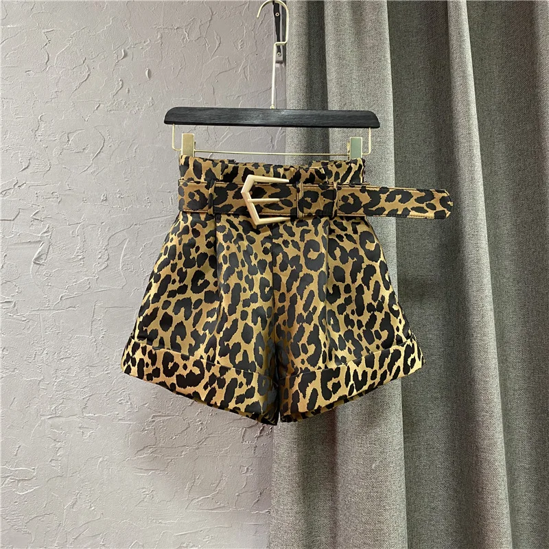 Girls Spring Autumn New High Waist Elastic Shorts Korean Children Wide Leg A-line Shorts Fashion Leopard Pattern Suit Hot Pants