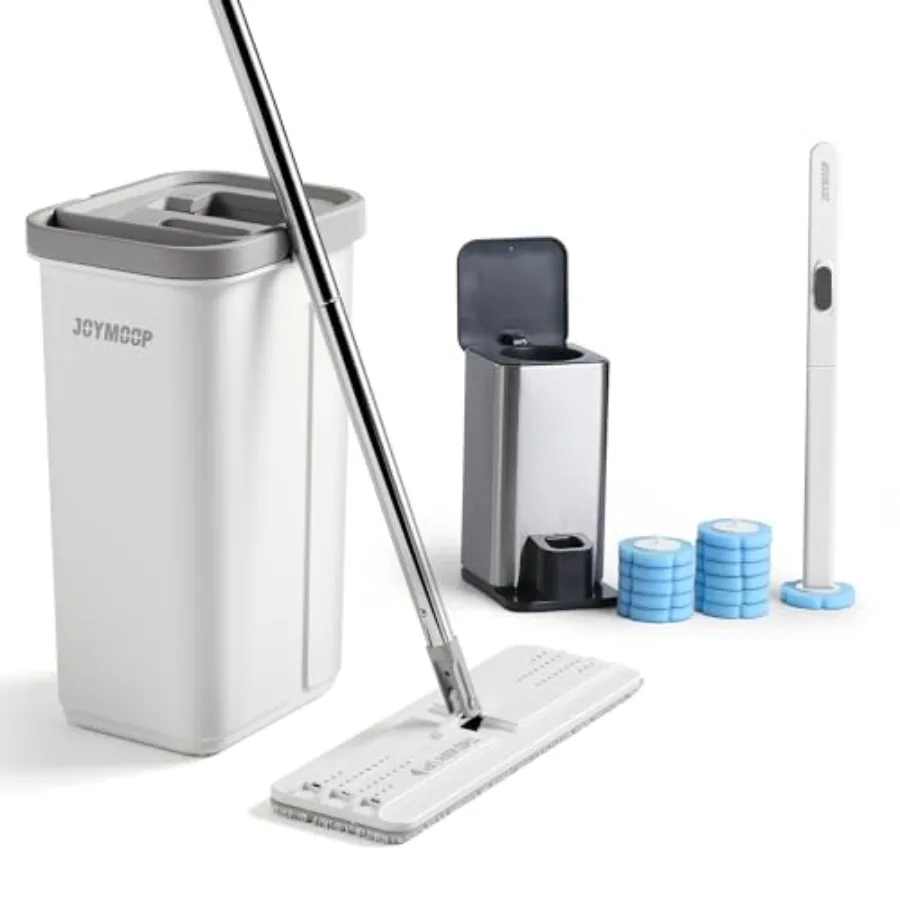 

Flat Mop and Bucket Set with Microfiber Pad, 12 Disposable Toilet Brushes with Stainless Steel Holder, Multi-Functional Cleaner